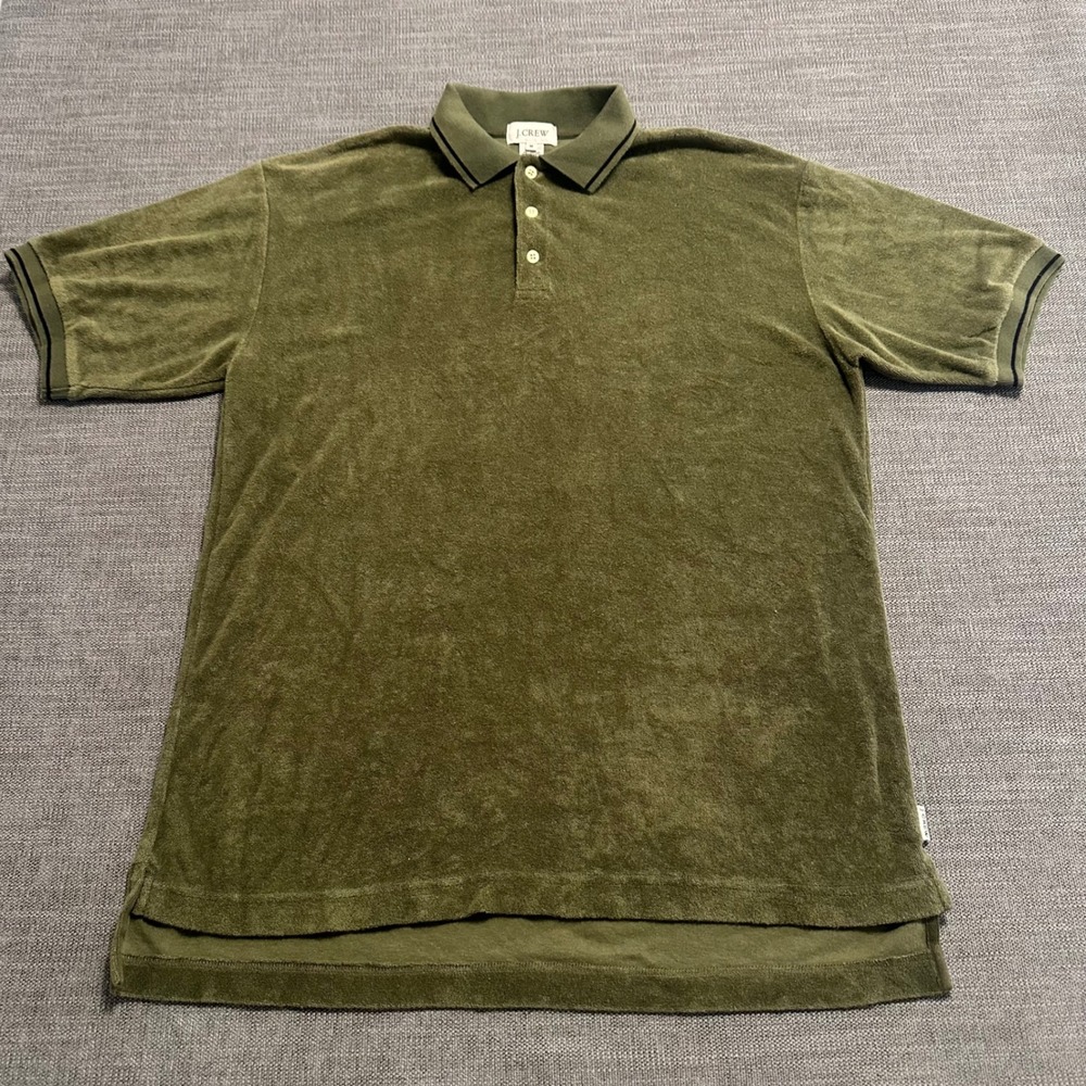 J.Crew Polo Shirt Mens Medium Olive Green Terry Cloth Tipped Trim